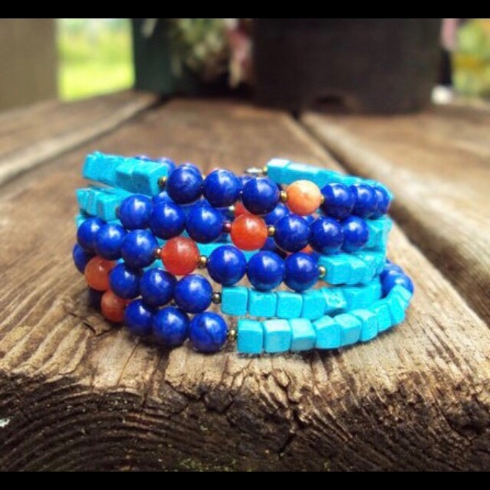 Turquoise, lapis & carnelian spiral bracelet